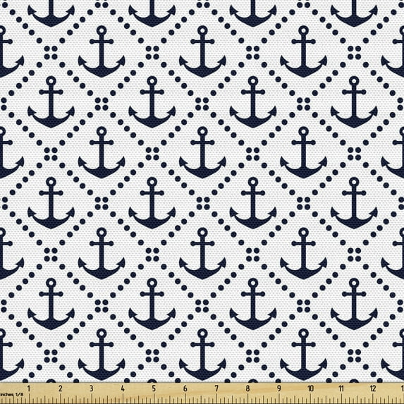 Ambesonne Geometric Fabric by the Yard Upholstery, Nautical Anchor Dots, 1 Yard, Dark Blue White