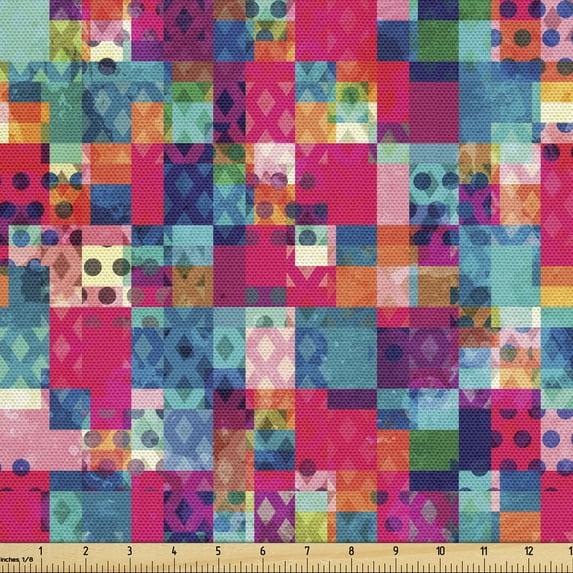 Geometric Fabric by the Yard, Fashion Themed Italian Grunge Modern Color Contrast Squares with Dots Art, Decorative Upholstery Fabric for Chairs & Home Accents, Multicolor by Ambesonne