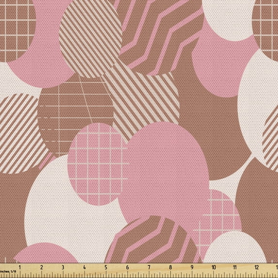 Geometric Fabric by the Yard, Monochrome Design of Pastel Circles Stripes and Squares Modern Feels, Decorative Upholstery Fabric for Sofas and Home Accents, Pale Rust Pastel Pink by Ambesonne
