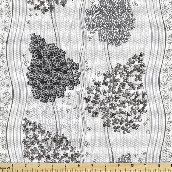 Ambesonne Geometric Fabric by the Yard Upholstery, Flowers and Curly Stripes, 1 Yard, Pale Grey Charcoal Grey