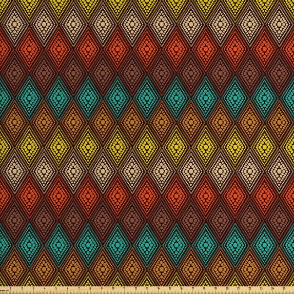 Geometric Fabric by the Yard, Prehistoric Abstract Folk Dots Forming Diamond Forms Pattern, Upholstery Fabric for Dining Chairs Home Decor Accents, Multicolor by Ambesonne