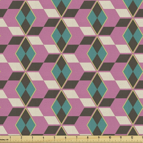 Geometric Fabric by the Yard, Retro Design Pattern of Pastel Colored Rhombuses in Different Directions, Upholstery Fabric for Dining Chairs Home Decor Accents, Fuchsia Brown Teal by Ambesonne