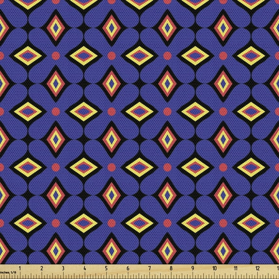 Ambesonne Geometric Fabric by the Yard Upholstery, Retro Style 80's Art, 1 Yard, Indigo and Multicolor