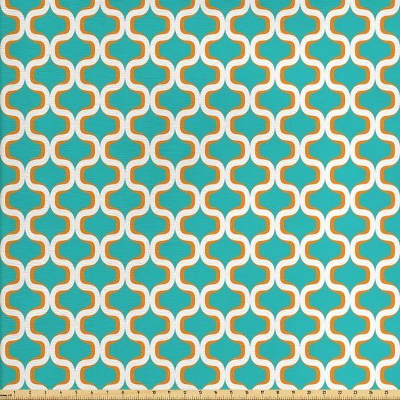 Ambesonne Geometric Fabric by the Yard Upholstery, Seventies Retro Form, 3 Yards, Orange White Teal