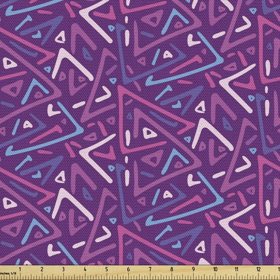 Geometric Fabric by the Yard Upholstery, Geometrical Abstract Funky Quirky Colorful Nested Triangular Forms, Decorative Fabric for DIY and Home Accents, Purple Pink and Sky Blue by Ambesonne