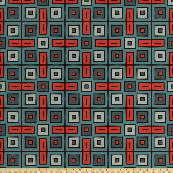 Geometric Fabric by the Yard Upholstery, Repeated Squares Ornamental Abstract Pattern in Style Retro Mosaic, Decorative Fabric for DIY and Home Accents, Vermilion Teal by Ambesonne
