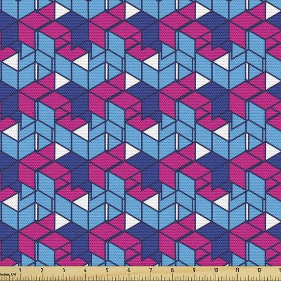 Geometric Fabric by the Yard Upholstery, Retro Style Colorful Cubes Stacked Repetitive Design with Modern Designs, Decorative Fabric for DIY and Home Accents, Magenta Sky Blue by Ambesonne