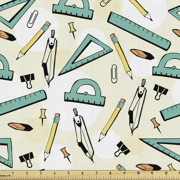 Geometric Fabric by the Yard Upholstery, School Supplies and Stationery Equipment Objects on Plain Dotted Background, Decorative Fabric for DIY and Home Accents, Cream Multicolor by Ambesonne