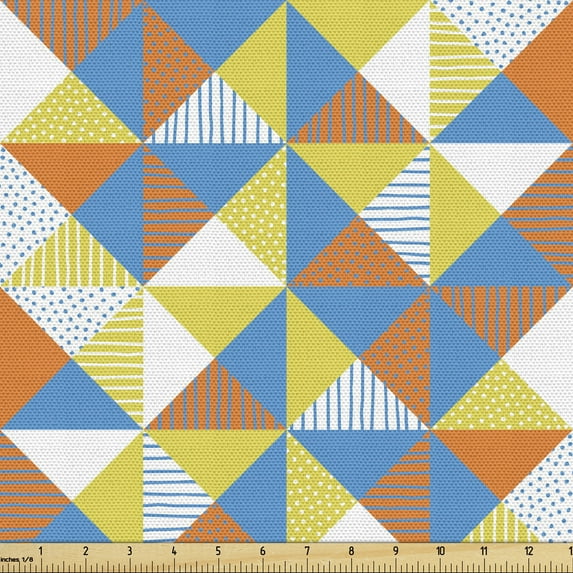 Geometric Fabric by the Yard Upholstery, Stripes and Dots Pattern on Grid Style Triangles Ornate Composition Hand Drawn, Decorative Fabric for DIY and Home Accents, Multicolor by Ambesonne