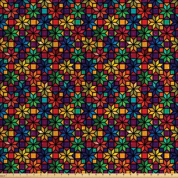 Geometric Fabric by the Yard, Windows Glass Inspired Rainbow Colored Image with Flowers Like Art Print, Decorative Upholstery Fabric for Sofas and Home Accents, Multicolor by Ambesonne