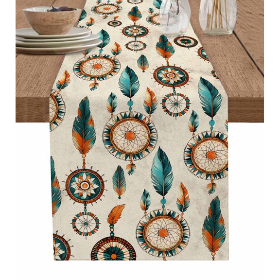 Geometric Feathers Burlap Cotton Table Runner 14x72 Inches Long, Boho Ethnic Retro Country Motifs Farmhouse Table Runners, Outdoor Dining Tablecloths Decor for Baby Shower/Party/Wedding