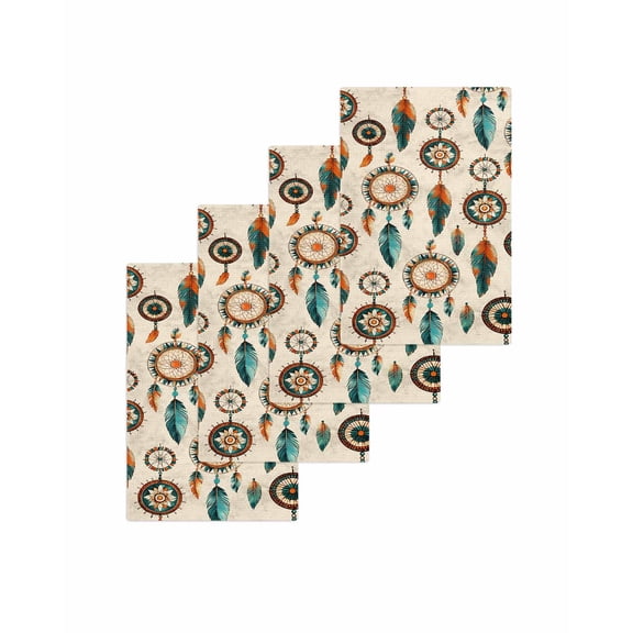 Geometric Feathers Kitchen Dish Towels for Drying Dishes Set of 4, Boho Ethnic Retro Country Motifs Waffle Weave Microfiber Terry Hand Tea Bathroom Towels Quick Dry & Absorbent Towel 15.7x23.6