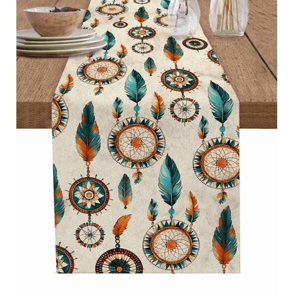 Geometric Feathers Table Runner 48 Inches, Boho Ethnic Retro Country Motifs Bed Runner Dresser Scarves Tabletop for Indoor Outdoor Parties/Ceremony/Banquet, 13" x 48"