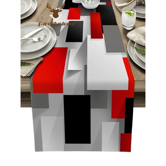 Geometric Figure Red Black Gray Solid Abstract Table Runner Home Wedding Table Mat Centerpieces Decoration Dining Tablecloth