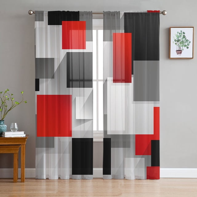 Geometric Figures Red Black Grey Abstract Sheer Curtains Living Room