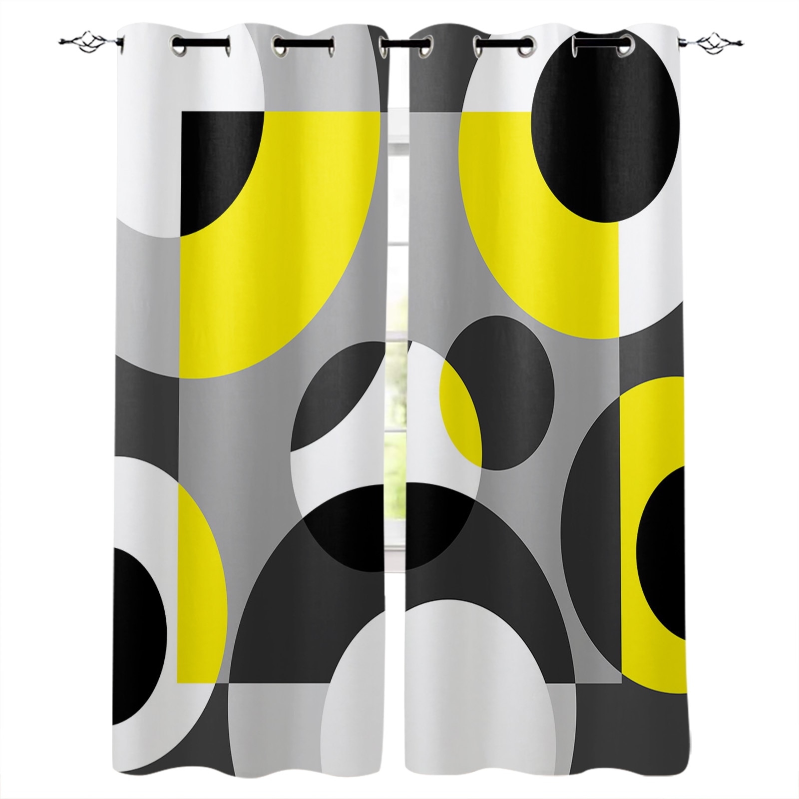 Geometric Figures Yellow Grey Curtains for Living Room Kids Bedroom