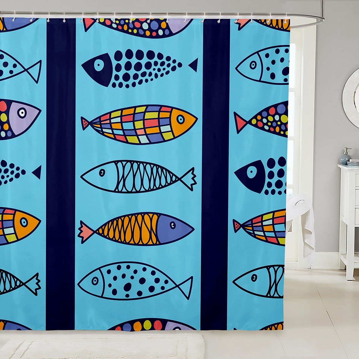 Geometric Fishes Shower Curtain, Marine Life Fabric Shower Curtain