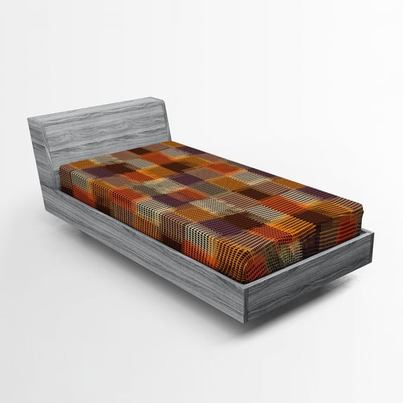 Geometric Fitted Sheet, Grunge Checkered and Striped Quilt Pattern Mottled Digital New Retro Design, Soft Decorative Fabric Bedding, Twin Size, Caramel Orange, by Ambesonne