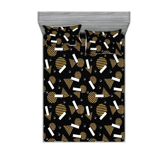 Geometric Fitted Sheet & Pillow Sham Set, 90s Style Pattern of Continuous Circles Triangles Rectangles Memphis, Decorative Printed 3 Piece Bedding Decor, Queen, Charcoal Grey Mustard, by Ambesonne
