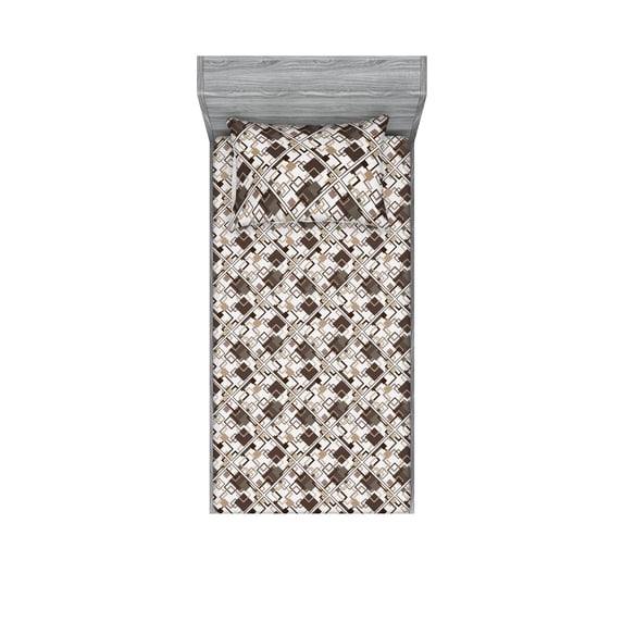 Geometric Fitted Sheet & Pillow Sham Set, Abstract Earthy Squares in Retro Vibes Pattern of Illustration, Decorative Printed 2 Piece Bedding Decor, Twin, Dark Cocoa Ecru and White, by Ambesonne