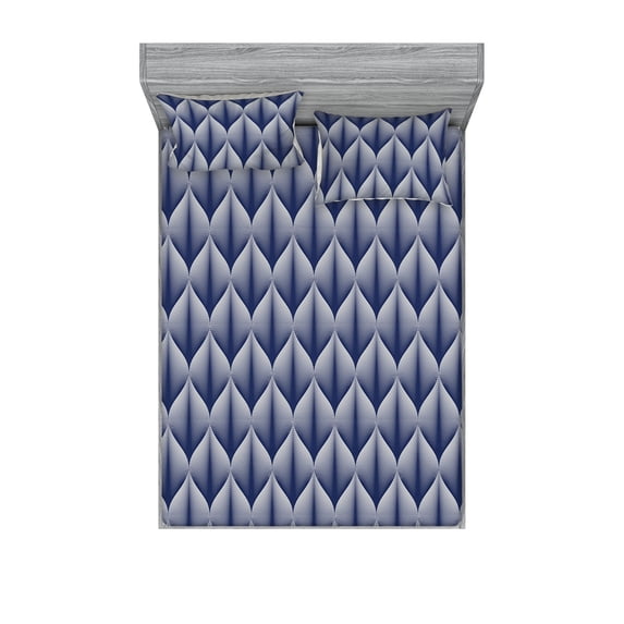 Geometric Fitted Sheet & Pillow Sham Set, Abstract Style Illustrated Leaves Pattern With Curvy Stripes on Bluish Back, Decorative Printed 3 Piece Bedding Decor, King, Indigo and White, by Ambesonne