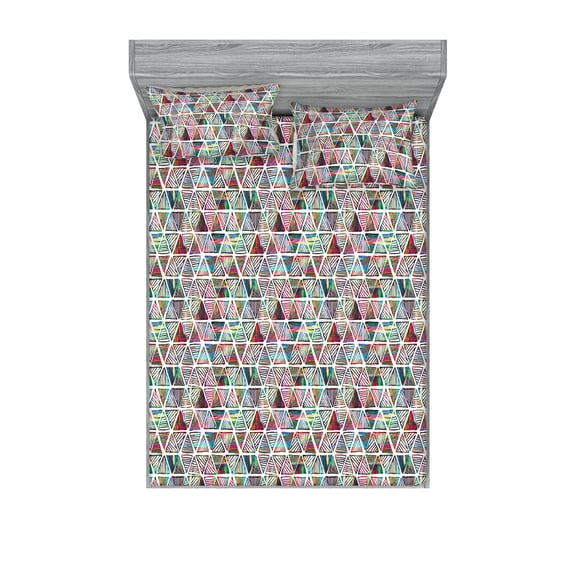 Geometric Fitted Sheet & Pillow Sham Set, Boho Style Funny Colorful Up and Down Triangles Pattern Sketchy Drawing, Decorative Printed 3 Piece Bedding Decor, King, White and Multicolor, by Ambesonne