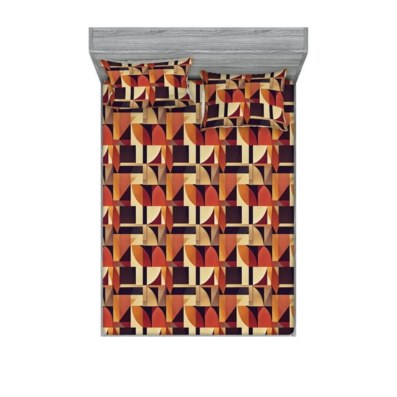 Geometric Fitted Sheet & Pillow Sham Set, Contemporary Art Style Square and Triangle Shape Patterns Print, Decorative Printed 3 Piece Bedding Decor, Queen, Eggshell Plum and Marigold, by Ambesonne