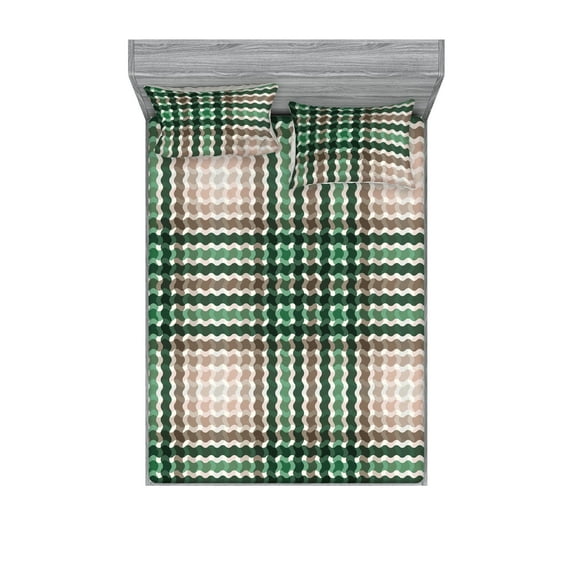 Geometric Fitted Sheet & Pillow Sham Set, Intersecting Vertical and Horizontal Wave Pattern Cottagecore Artwork, Decorative Printed 3 Piece Bedding Decor, Calking, Jade Green Pale Salmon, by Ambesonne