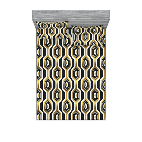 Geometric Fitted Sheet & Pillow Sham Set, Modern Hexagon Illustration With Stripe Pattern Illusion Like Print, Decorative Printed 3 Piece Bedding Decor, Queen, White and Earth Yellow, by Ambesonne