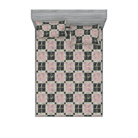 Geometric Fitted Sheet & Pillow Sham Set, Modern Style Designed Square Pattern With Golden Tone Stripes Print, Decorative Printed 3 Piece Bedding Decor, Full, Charcoal Grey Pale Grey, by Ambesonne