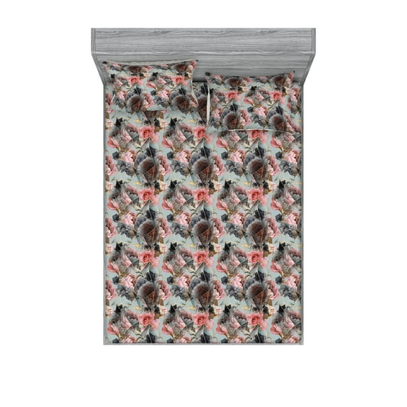Geometric Fitted Sheet & Pillow Sham Set, Modern Style Ornament with Vintage Rose Blossoms Polygonal Shapes, Decorative Printed 3 Piece Bedding Decor, Calking, Pale Pink Dark Sea Green, by Ambesonne