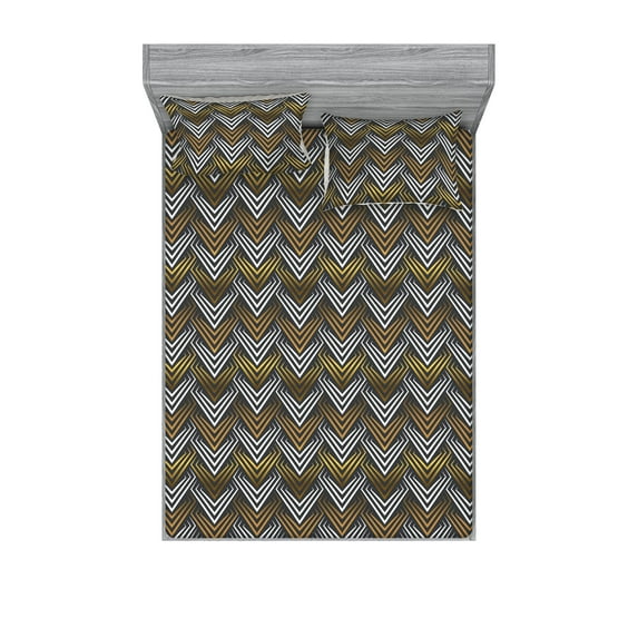 Geometric Fitted Sheet & Pillow Sham Set, Retro Feels Optical Illusion Motif of Lines Pointing Repetitive Abstract, Decorative Printed 3 Piece Bedding Decor, Calking, Dark Mustard Grey, by Ambesonne