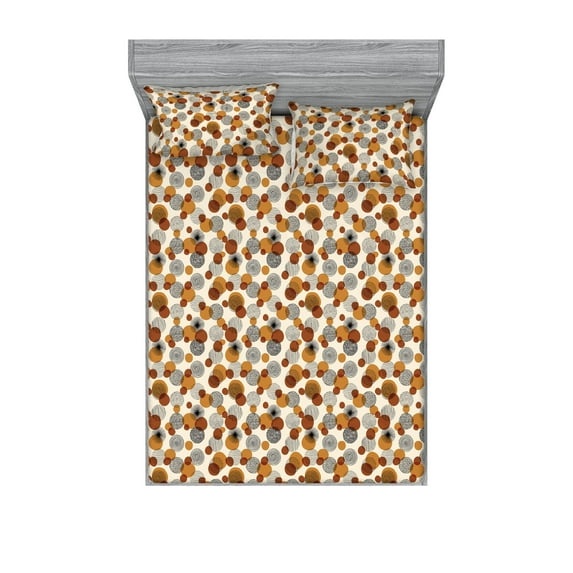 Geometric Fitted Sheet & Pillow Sham Set, Retro Inspired Repetitive Round Circle Pattern with Stripes and Dots, Decorative Printed 3 Piece Bedding Decor, Queen, Amber Cinnamon Beige, by Ambesonne
