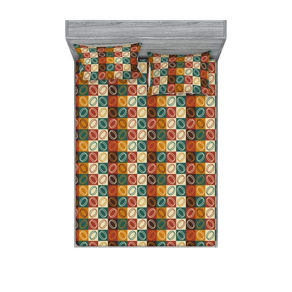 Geometric Fitted Sheet & Pillow Sham Set, Retro Pop Art Circles in Squares Abstract Style of Repetitive Drawings, Decorative Printed 3 Piece Bedding Decor, Calking, Teal Ruby and Apricot, by Ambesonne