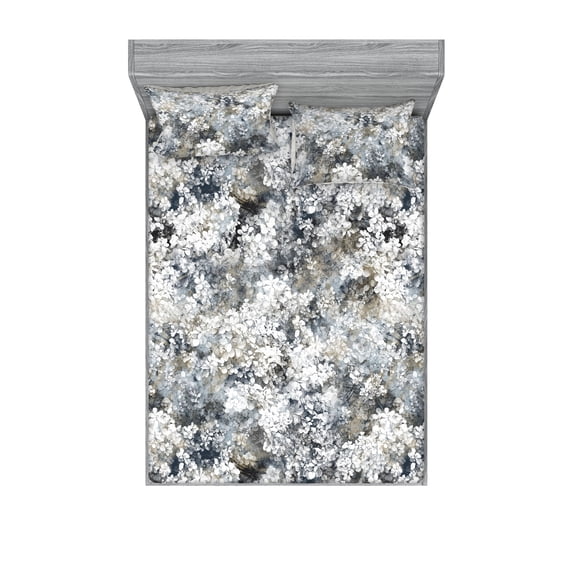 Geometric Fitted Sheet & Pillow Sham Set, Simplified Abstract Flowers Pattern Classic Grungy Style Illustration, Decorative Printed 3 Piece Bedding Decor, King, Slate Brown Pale Grey, by Ambesonne