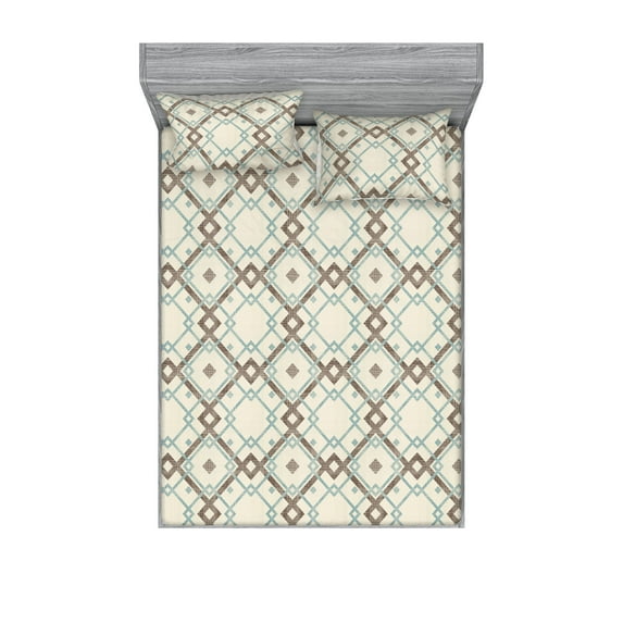 Geometric Fitted Sheet & Pillow Sham Set, Squares Checkered Pattern Retro Concept Striped Repetitive Art, Decorative Printed 3 Piece Bedding Decor, Calking, Pale Teal Taupe and Eggshell, by Ambesonne