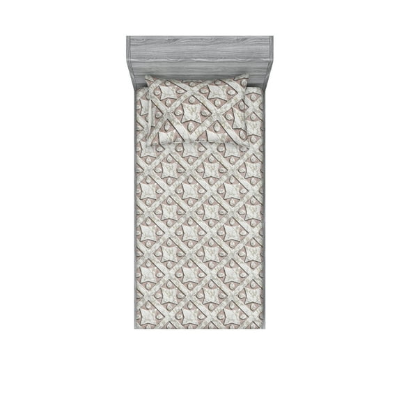 Geometric Fitted Sheet & Pillow Sham Set, Stone Inspired Print with Ethnic and Bohemian Forms Repetitive Pattern, Decorative Printed 2 Piece Bedding Decor, Twinxl, Pale Pink Eggshell, by Ambesonne