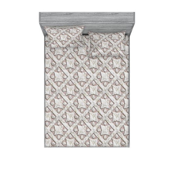 Geometric Fitted Sheet & Pillow Sham Set, Stone Inspired Print with Ethnic and Bohemian Forms Repetitive Pattern, Decorative Printed 3 Piece Bedding Decor, Calking, Pale Pink Eggshell, by Ambesonne