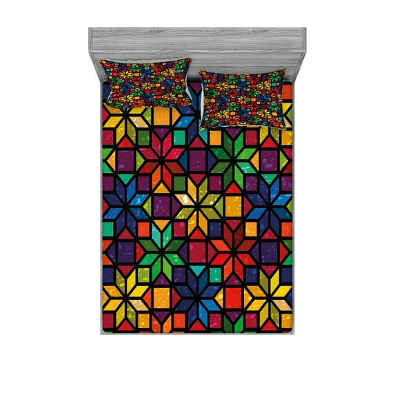 Geometric Fitted Sheet & Pillow Sham Set, Windows Glass Inspired Rainbow Colored Image with Flowers Like Art Print, Decorative Printed 6 Piece Bedding Decor Set, Calking, Multicolor, by Ambesonne