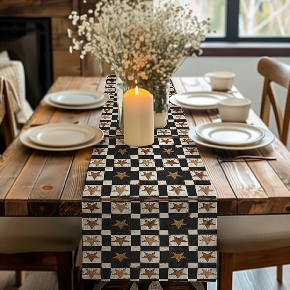 Geometric Five-pointed Star Check Table Runner Kitchen Dining ration ...