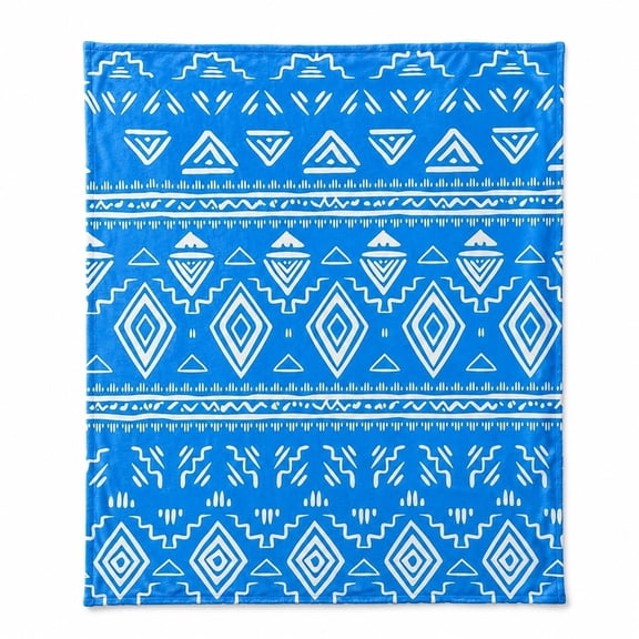 Geometric Fleece Throw Blanket, 280gsm Polyester, Blue White Print