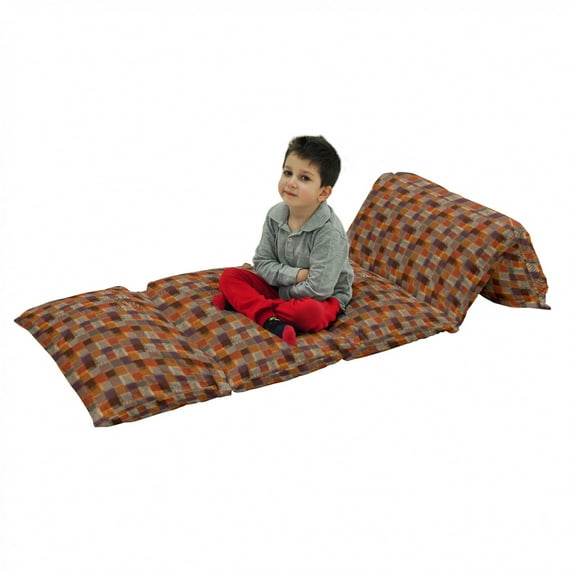 Geometric Floor Pillow Lounger Cover, Grunge Checkered and Striped Quilt Pattern Mottled Digital New Retro Design, Nap Mat Printed Fabric Case for 5 Pillows, 88" x 27", Caramel Orange, by Ambesonne