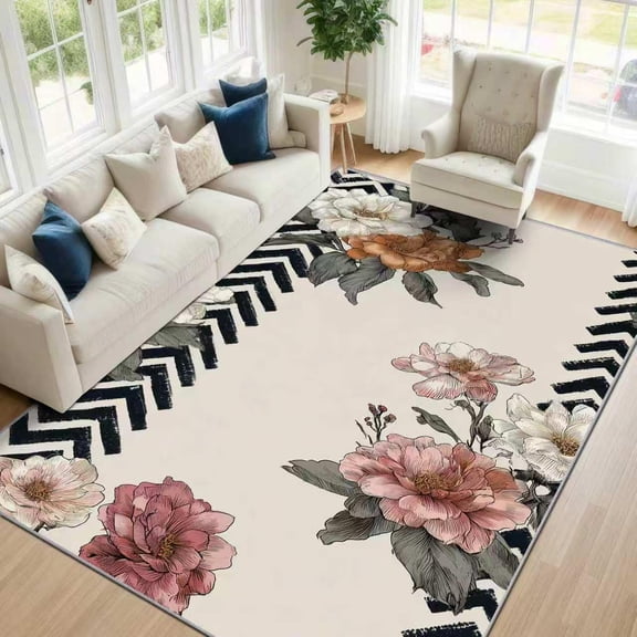 Geometric Floral Area Rugs, Chevron Flower Pattern Carpet, Washable Non Slip Low Pile Soft Rug for Living Room Bedroom Decor Mat 5x8ft