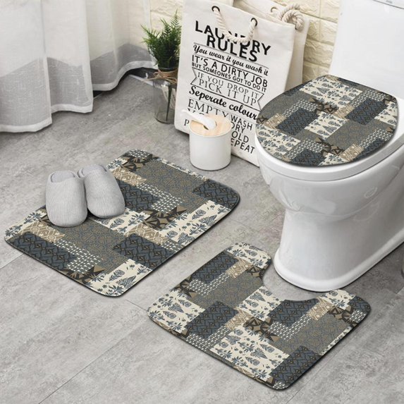 Geometric and Floral Boho Pattern Bathroom Rugs Sets 3 Piece,Toilet Cover Set,Absorbent Non Slip Bathroom Mats Sets with U-Shaped Contour Rug Toilet Rug Set