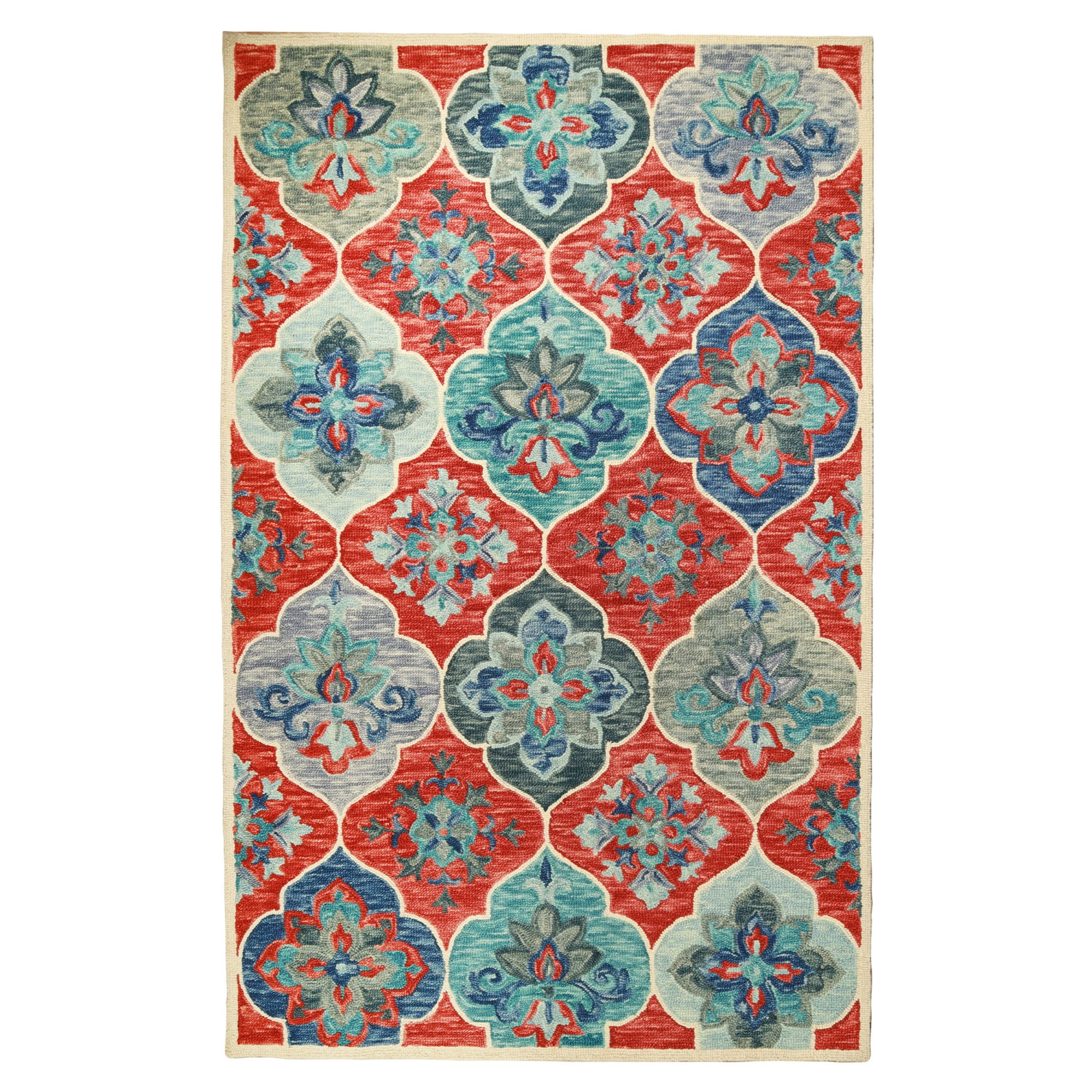 Geometric Floral Eclectic Modern Bohemian Handmade Wool Indoor Area Rug, Blue-Rust, 8' x 10'