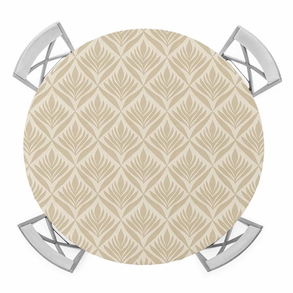 Geometric Floral Elastic Fitted Round Table Cover Abstract Retro Brown Waterproof Outdoor Tablecloth for Holiday Party, Picnic, Patio & Dining Fits Tables Up to 45"-54"