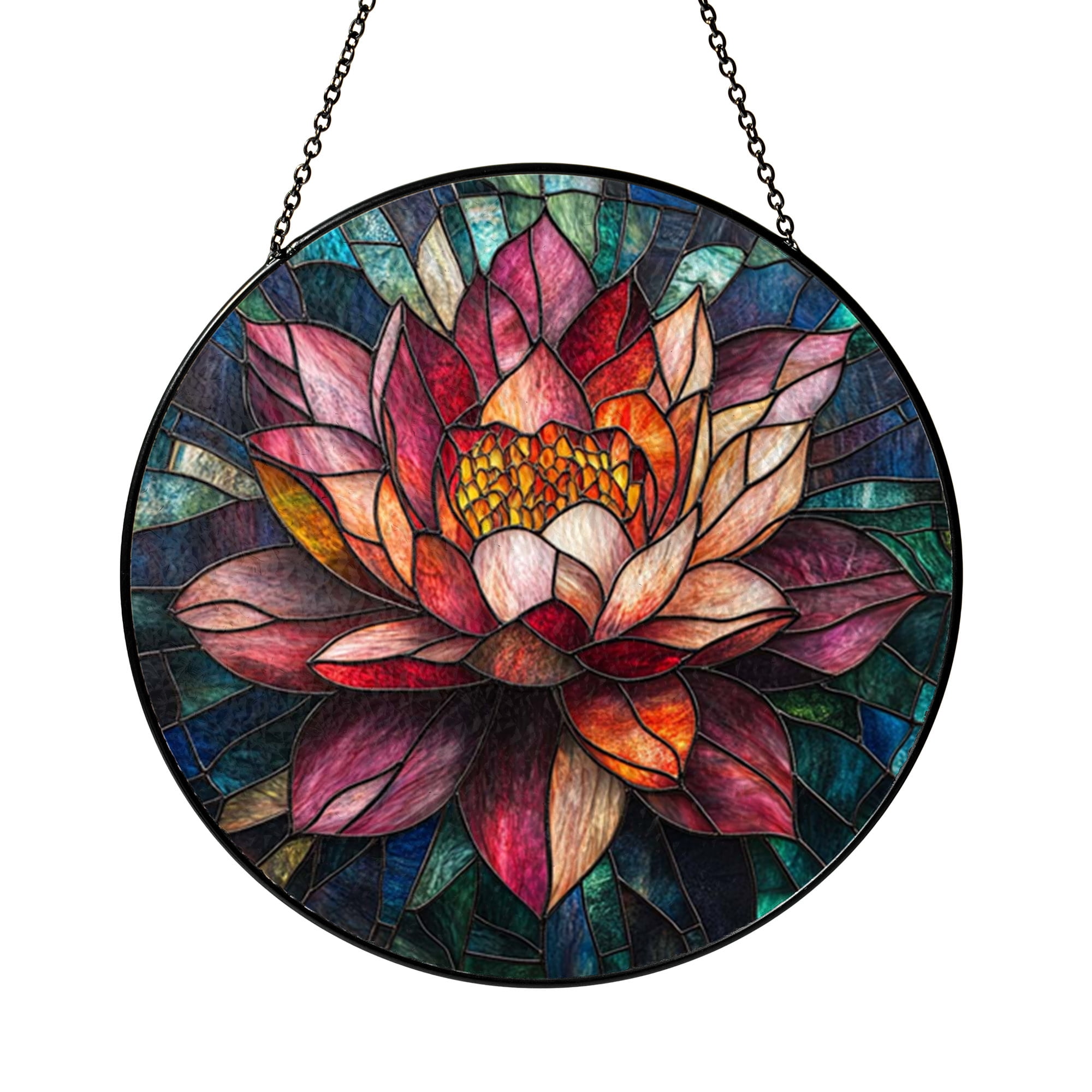 Geometric Floral Faux Stained Glass Style Round Window Hanging