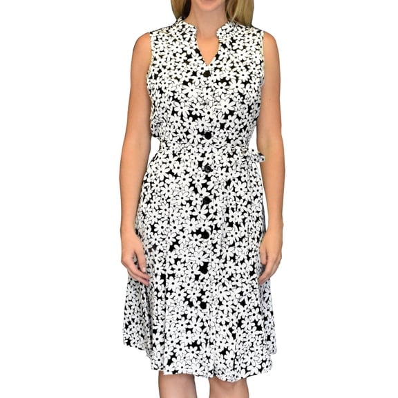 Geometric Floral Pattern Vintage A Line Sleeveless Work Dresses (X-Large, Daisy Black White)