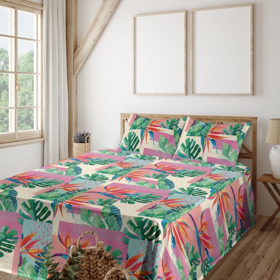 Ambesonne Geometric Floral Fitted & Flat Sheet with Shams 4 Pcs Set, Exotic Monstera, Full, Jade Green Pink Cream