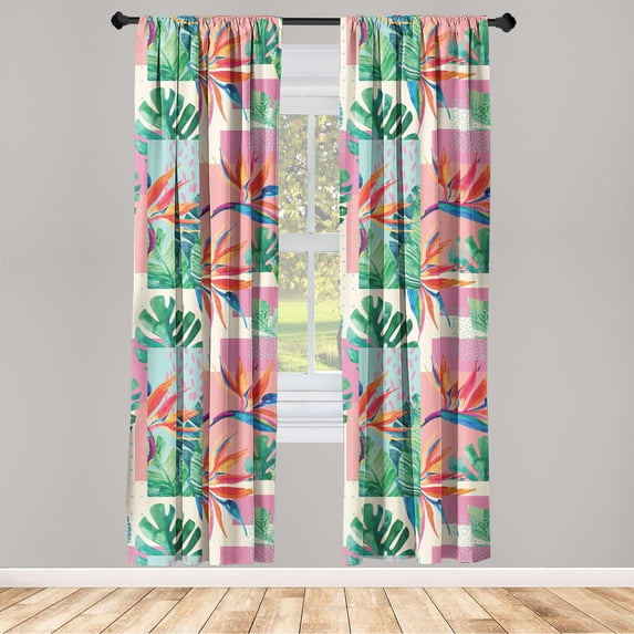 Geometric Floral Window Curtains, Exotics Vibes Monstera Leaves Pattern with Rhombus Abstract Art, Lightweight Decor 2-Panel Set with Rod Pocket, Pair of - 28"x84", Jade Green Pink Cream, by Ambesonne